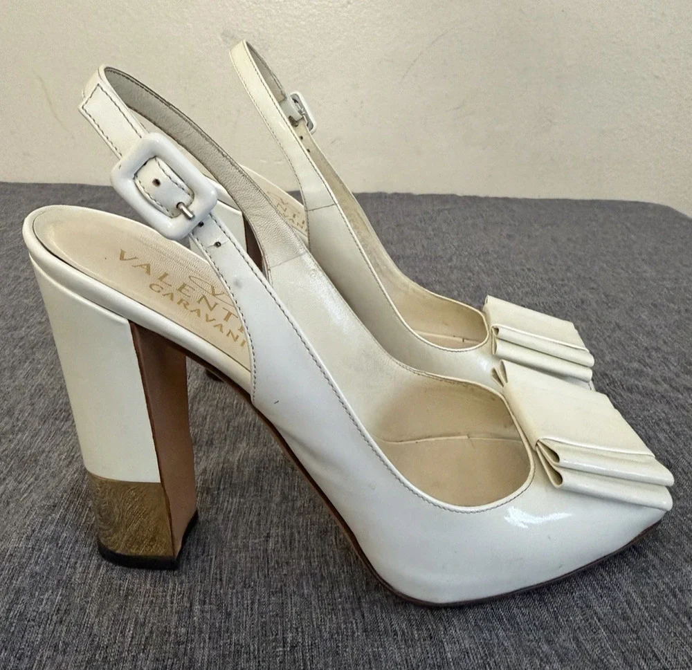 Valentino Garavani Slingback Heel Open Toe Bow Top Gold Block Heel 38 1/2
